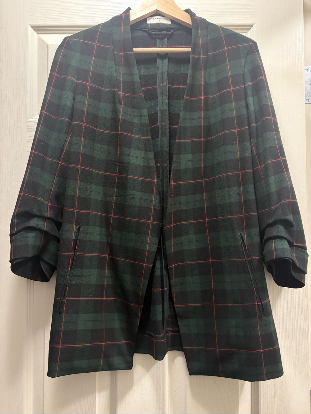 Aritzia Babaton Atelier Green Plaid Open Front Ruched Sleeve Blazer Size 4